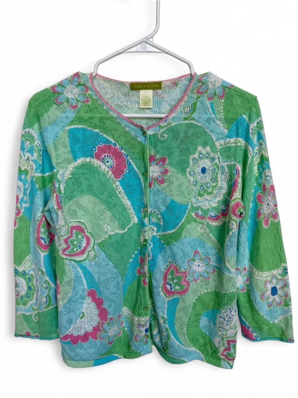 Sigrid Olsen Lightweight Open Knit Floral Cardigan Sweater Large Y2K Layer Coast